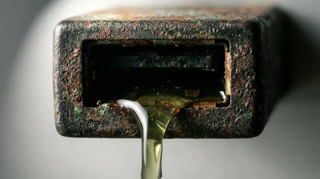 Green water pouring from a corroded metal data connector shell with a heavily pitted and rusted steel surface