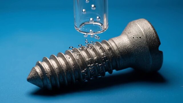 dull magnesium alloy bone screw releasing a steady stream of hydrogen bubbles as saline fluid washes over it
