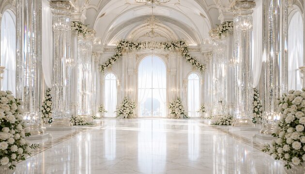 Luxurious crystal hall with white roses and elegant columns