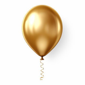 A shiny, golden balloon floats upwards. It has a smooth, reflective surface and a black string attached to its nozzle.