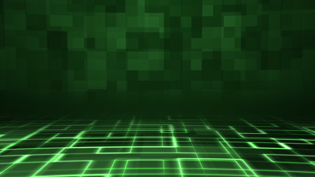 Green Digital Grid Stage with Glowing Lines and Dark Background
