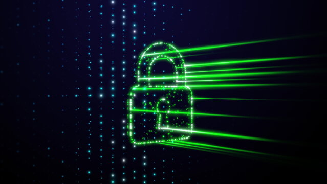 Abstract motion background with a green digital padlock icon symbolizing network antivirus protection and a successful secure internet connection