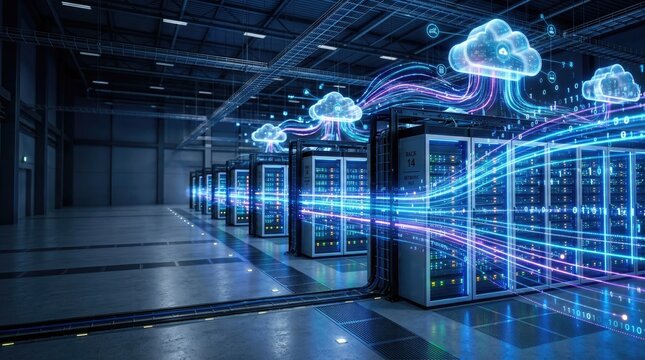 A massive data center glows with vibrant blue and purple light. Rows of server racks dominate the scene, connected by intricate networks of glowing lines.