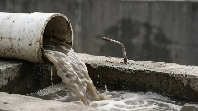 thick white plastic discharge pipe pouring a heavy splashing stream of discolored dirty liquid into a trench