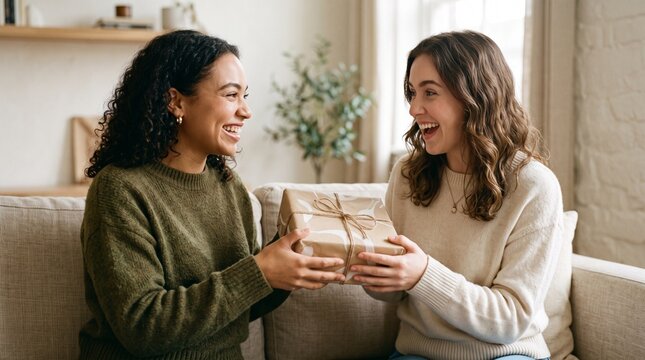 Two happy young women exchanging a wrapped gift while sitting on a couch, celebrating a special occasion