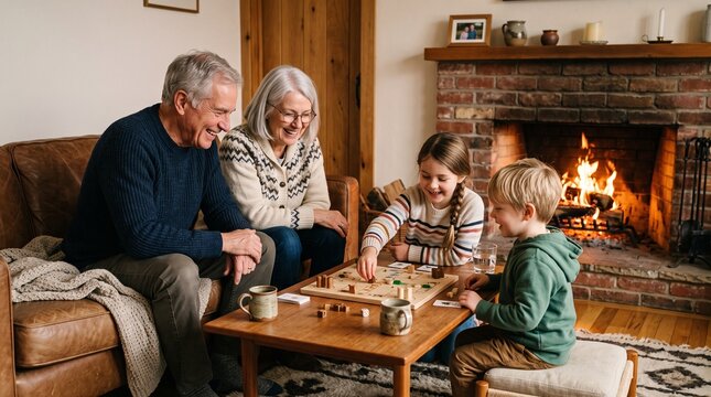 Happy grandparents and grandchildren playing a board game by a cozy fireplace on a winter evening