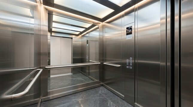 A modern, stainless steel elevator interior is shown. The elevator car features a sleek, brushed metal finish, illuminated paneling, and a marble floor.