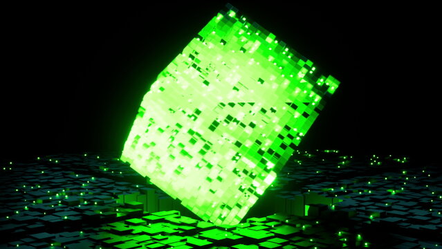Digital data cube morphing rotating geometric shape loop 3D render