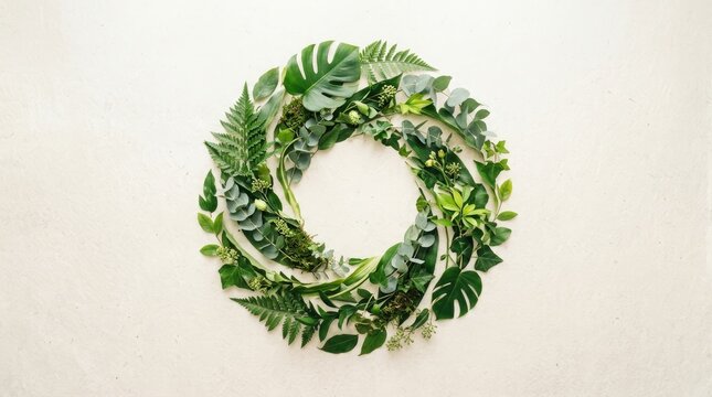 A lush wreath of green leaves and small flowers encircles a central space.