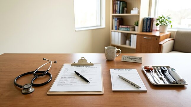 A doctor's office desk is set up with a clipboard, stethoscope, pen, and medical supplies. A mug with a nameplate sits on the desk.
