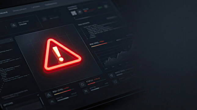 A dark computer screen displays a complex interface with a prominent red warning triangle. The interface shows risk level indicators, graphs, and status updates.