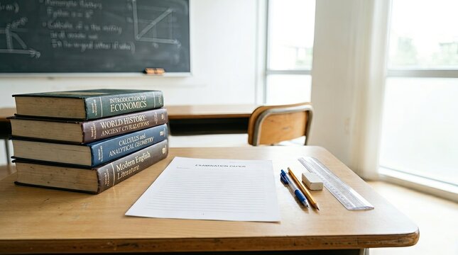 A wooden table sits in a classroom, displaying a stack of textbooks and a blank examination paper. A chalkboard is visible in the background, covered with mathematical equations and diagrams.