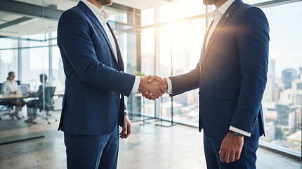 Fototapeta na wymiar Two businessmen shaking hands in a modern office with a city skyline view in the background, representing a successful business deal or partnership