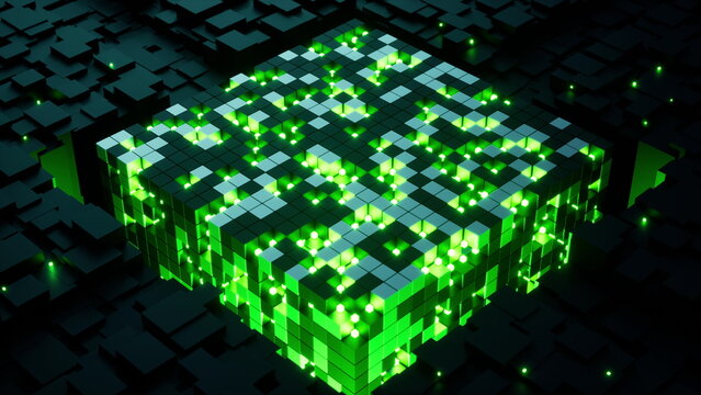 Green energy pulsating digital cube core activation 3D render