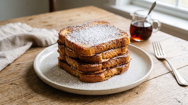 Stack of golden brown French toast dusted with powdered sugar served on a plate with maple syrup and a fork