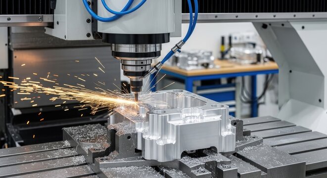 A CNC milling machine cuts a large aluminum block, generating sparks. The machine is positioned on a metal table, and a workpiece rests on a separate surface.