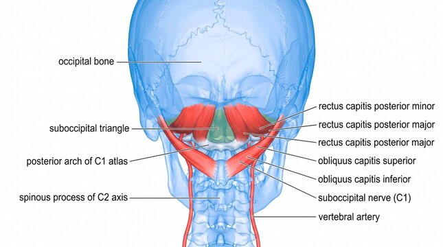 Human suboccipital muscles and vertebrae with labels