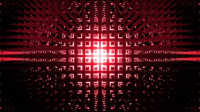 An intense red hi tech background with a powerful moving wall of boxes creating an energetic wave perfect for urgent alerts or news a 3d render