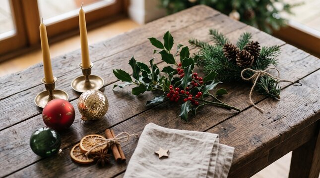 Rustic Christmas Table Setting with Holly Pinecones Ornaments and Candles for Festive Holiday Decor