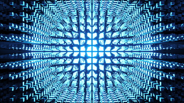 Corporate blue hi tech background with a moving wall of technology boxes creating a wave motion perfect for business presentations a 3d render