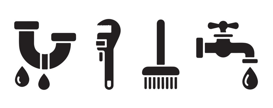 Plumbing repair icons set with drain pipe wrench scrubber brush and water tap silhouettes for service manuals.