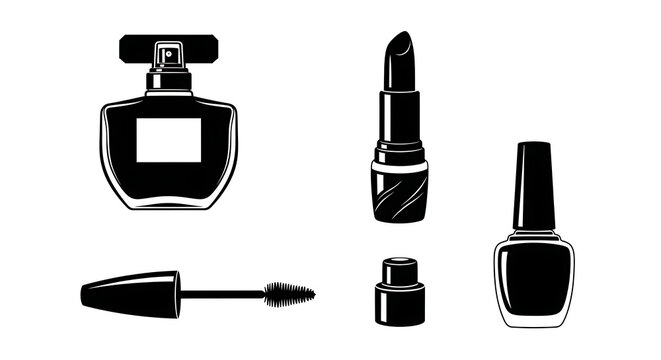 Black makeup and perfume bottles set with nail polish