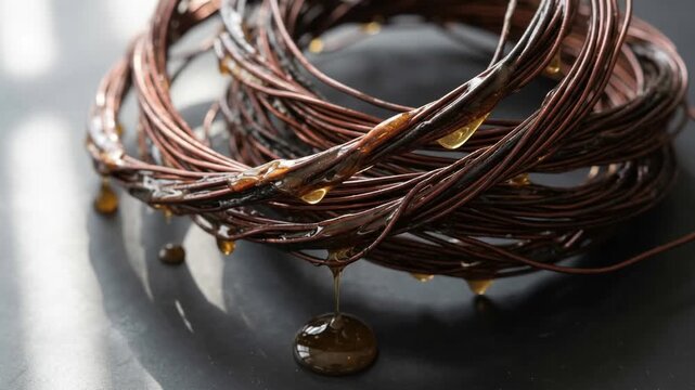 Thick chemical sludge covering a tangled mass of enameled transformer wire with a burnt reddish brown coating on a base