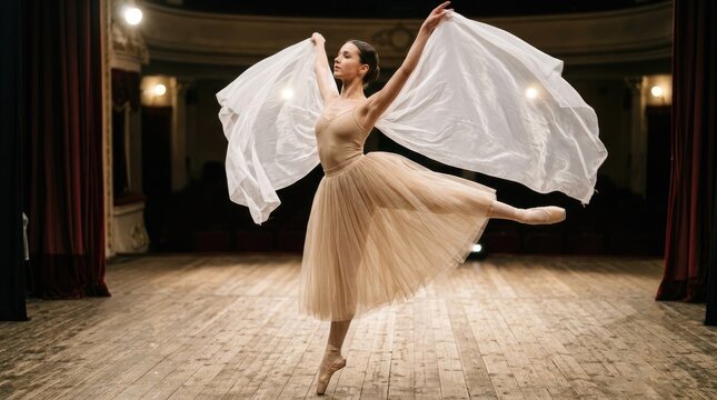 A ballerina gracefully leaps across a stage, extending her arms and swirling a flowing white fabric. She wears a pale pink tutu and leotard, and her expression is one of joyful movement.
