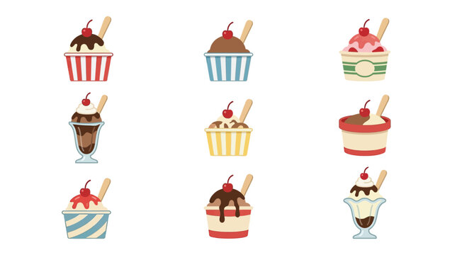 A sunny flat vector icon set illustrating coastal ice cream vans, beach umbrellas, retro sunbursts, surfboard roof racks, and palm trees for seaside ice cream trucks, retro summer beach vibes, and coa
