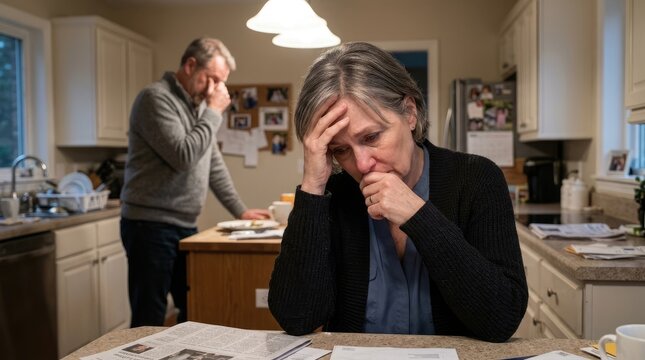 A distraught elderly woman sits at a kitchen counter, reviewing bills while a man stands behind her, seemingly concerned and holding his head in his hands.