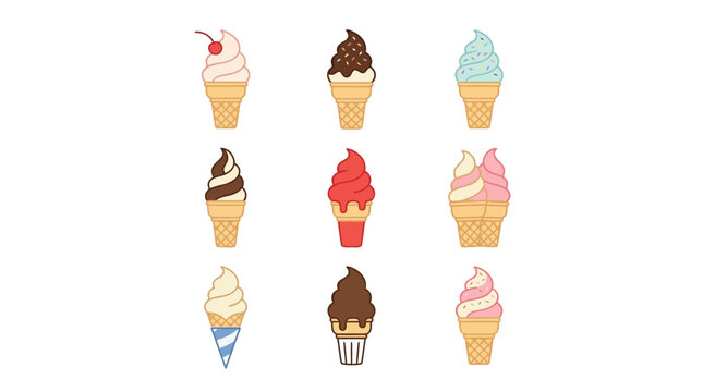 A sweet flat vector icon set illustrating cherry topped swirls, chocolate dipped cones, rainbow sprinkle waffle cones, and paper cone wrappers for classic soft serve ice cream, retro dip tops, and str