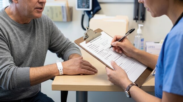 A healthcare professional is interviewing an older man at a clinic. The nurse is writing information on a clipboard while the patient listens attentively.