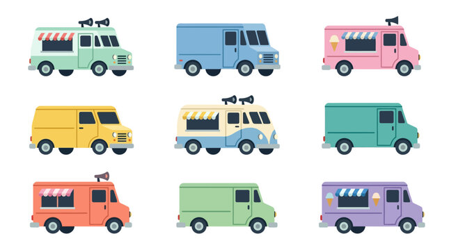 A nostalgic flat vector icon set illustrating pastel step vans, chrome bumpers, striped awnings, and roof speakers for vintage ice cream truck models, classic delivery vans, and retro street food tran