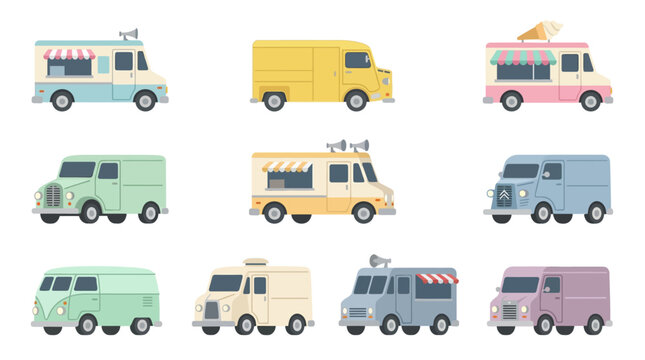 A nostalgic flat vector icon set illustrating pastel step vans, chrome bumpers, striped awnings, and roof speakers for vintage ice cream truck models, classic delivery vans, and retro street food tran
