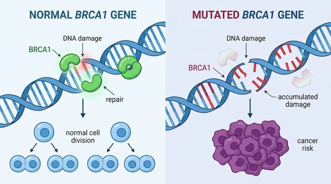Scientific infographic showing brca1 gene mutation and cancer risk