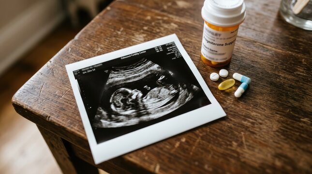 A diagnostic ultrasound image rests on a wooden table alongside a bottle of progesterone supplements and a small pile of pills. The ultrasound displays a fetal image, suggesting pregnancy.