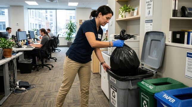 A woman is emptying a black trash bag into a gray recycling bin in an office setting. She is wearing a blue shirt and pants.