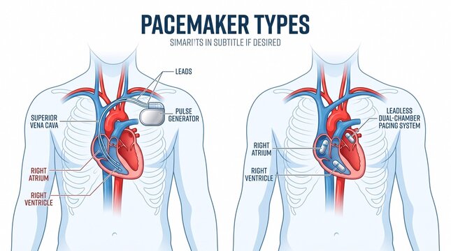 Medical diagram comparing traditional and leadless cardiac pacemakers