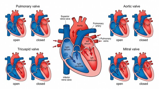 Anatomical diagram showing human heart valve states open and closed