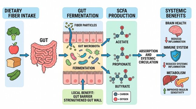 Infographic showing dietary fiber fermentation and gut health benefits