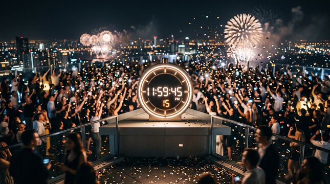New Year Celebration Rooftop Party With Fireworks And Countdown Clock