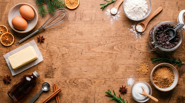 Baking ingredients and tools arranged on a wooden surface for making cookies or cakes