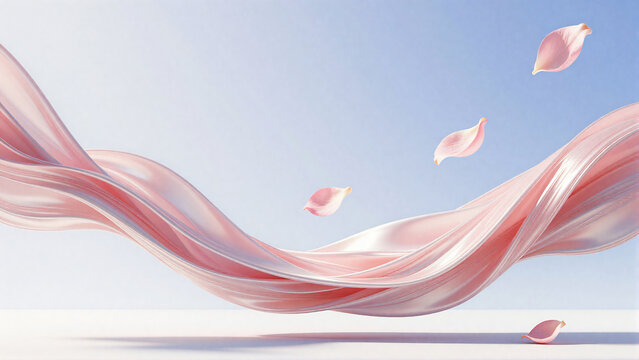 Dynamic Pink Silk Swirls and Soft Falling Petals Against a Luminous Sky Background