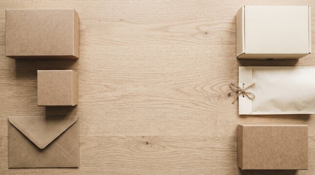 Overhead view of various cardboard boxes and envelopes arranged on a light wood grain surface, suggesting shipping or delivery