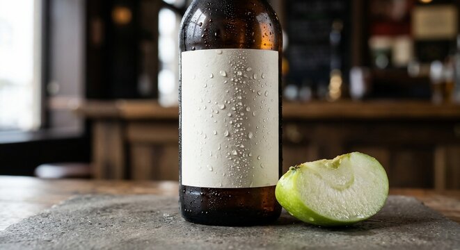 Chilled glass beverage container with condensation droplets and fresh fruit wedge on stone surface inside tavern