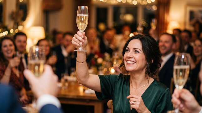 Woman raising champagne glass in celebration at a festive gathering with blurred guests in background
