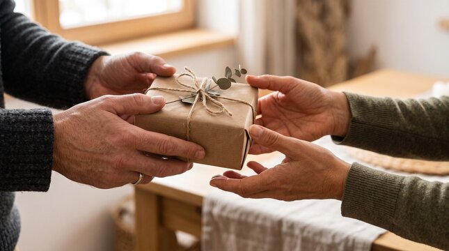 Hands exchanging a wrapped gift box tied with twine and decorated with eucalyptus leaves