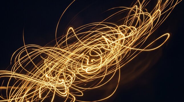 Abstract golden light trails swirling in darkness creating a dynamic and energetic visual effect