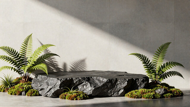 Dark Rough Stone Podium with Green Ferns and Moss for Product Display