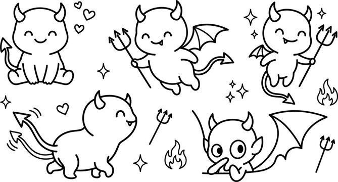 Cute Little Devil Vector Set with Mischievous Cartoon Demons Holding Pitchforks and Flying with Wings for Halloween Designs,